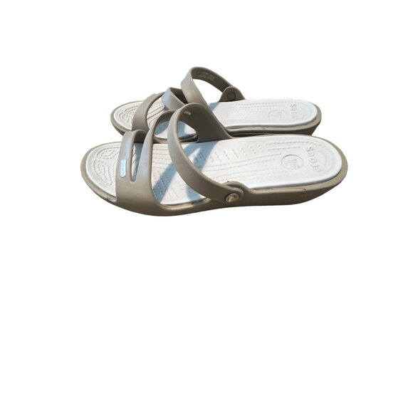 Crocs Patricia Two Toned Taupe low Wedge Slip On Sandal Women's size 10 - Picture 1 of 6